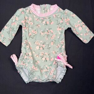 Ruffle Butts Tea Roses Baby Girls Floral Long Sleeve Rash Guard Swimsuit 0-3m